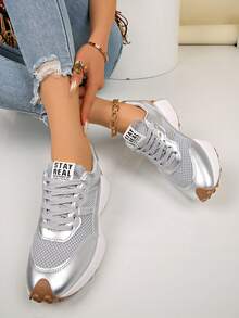 SOCTU Women's Round Toe Colorblock Fashion Lace-Up Thick Sole Student Style Height-Increasing Casual Comfortable Running Sports Shoes - Silver - View 4