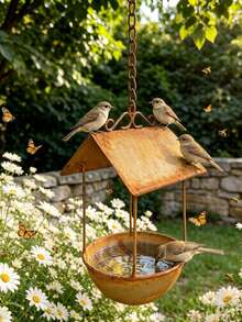 1pc Rusty Iron Bird Bath & Feeder, Vintage Rainproof Automatic Feeding Station, Large Capacity Leak-Proof Bird Food Container - Bird Feeder - View 7