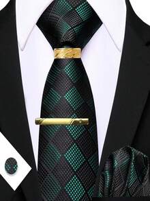 5Pcs Men Dark Green Small Check Tie Pocket Square Cufflinks Ring Tie Clip Set, Random Cufflink Pattern, Suit Accessories For Wedding - Dark Green - View 1