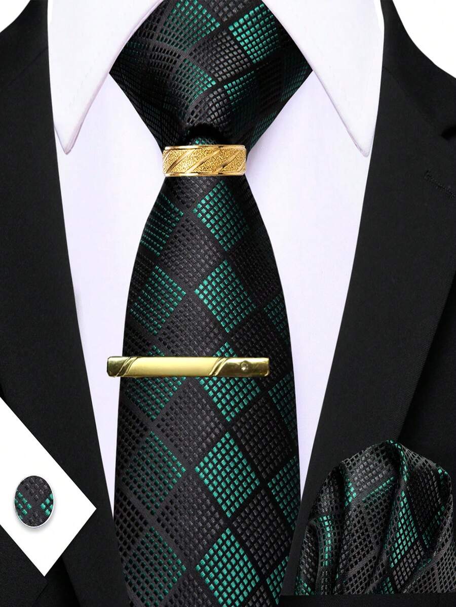 5Pcs Men Dark Green Small Check Tie Pocket Square Cufflinks Ring Tie Clip Set, Random Cufflink Pattern, Suit Accessories For Wedding - Dark Green - View 1