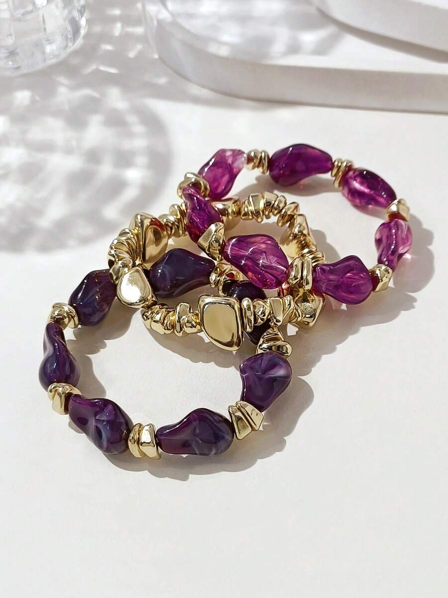 3pcs/Set Fashionable New Vintage Thick Multi-Color Natural Texture Acrylic ABS Material Elastic Beaded Bracelet Set, Suitable For Women Daily Wear (With Actual Wear Material Display Image)