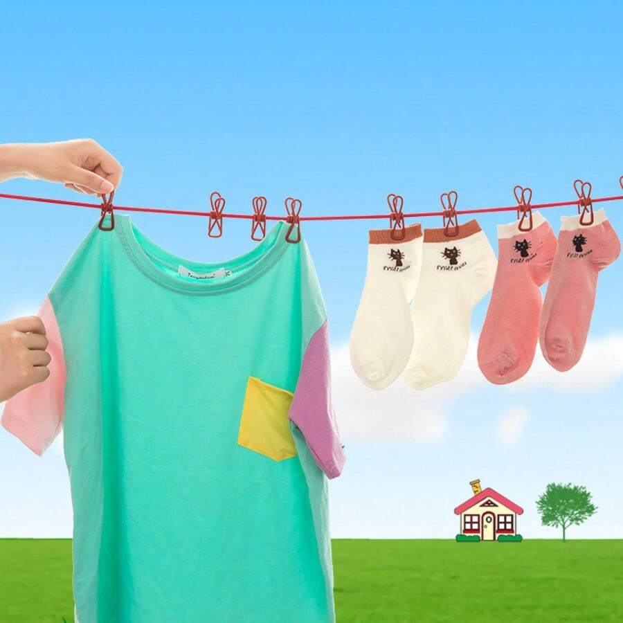 1pc Travel Clothes Hanger With Clips + Brush, Hotel Portable Elastic Retractable 12 Clips Colorful Clothesline - Multicolor - View 1