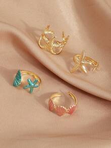 Ocean Starfish Shell Enamel Ring Set, Adjustable Open Stacking Rings, Summer Beach Vacation Jewelry For Women - Multicolor - View 2