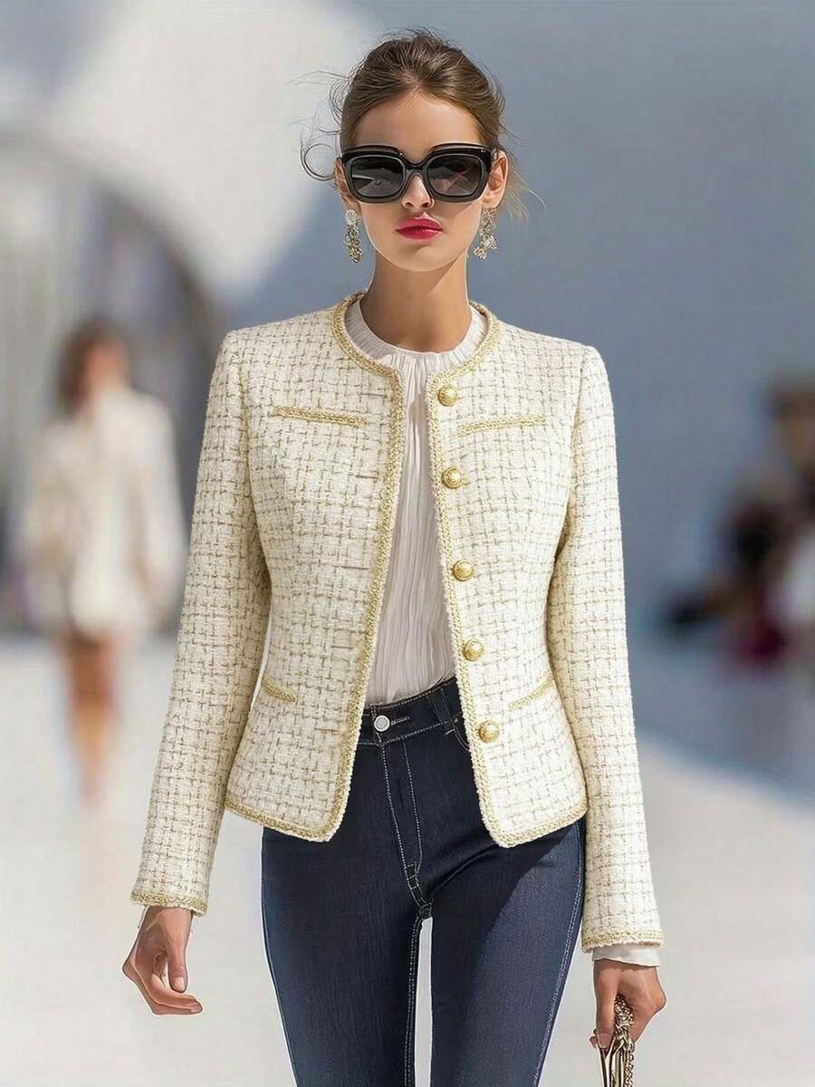 Women's Elegant Tweed Short Jacket, Gold Trim Embellished Gold Button Round Neck Commuter Outerwear - White - View 1