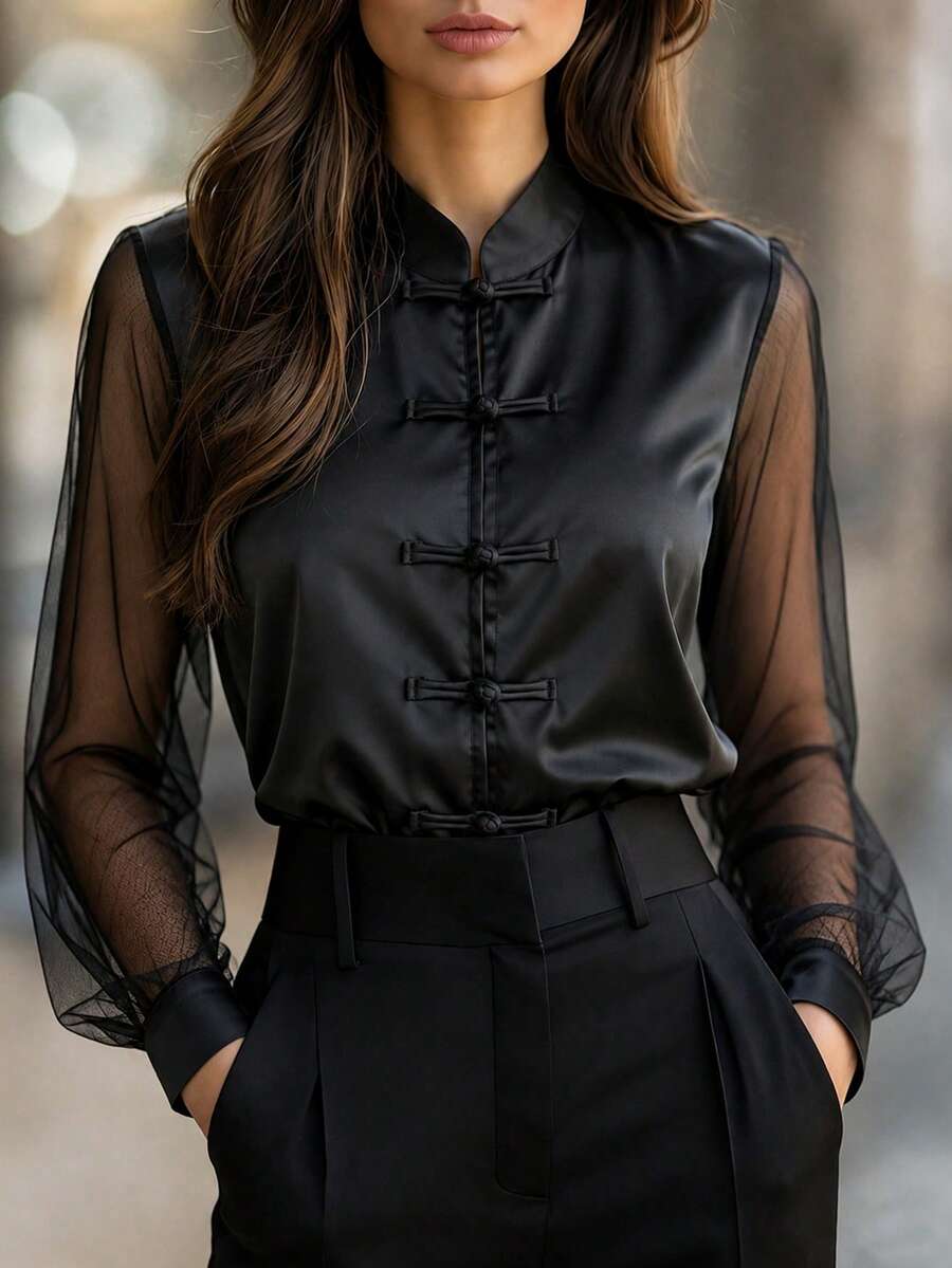 New Chinese Style Stand Collar Frog Button Black Satin Blouse For Women, Sheer Chiffon Patchwork Long Sleeve Shirt - Black - View 1
