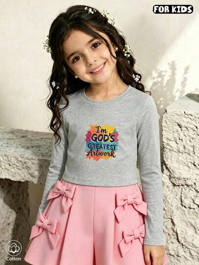 Girls Crew Neck Long Sleeve T-Shirt With Colorful Graphic Print "I'm GOD'S GREATEST Artwork" - Cotton Knit Top For Fall Winter Street Style