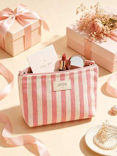 Striped Canvas Makeup Bag + Makeup Brush Set, Women's Waterproof Large Capacity Cosmetic Storage Bag, Portable Travel Toiletry Bag, Makeup Organizer Bag, Skincare Organizer Bag, Zipper Travel Essential Organizer Bag, Suitable For Daily Commute, Gym, Dorm, Office, Business Trip, Weekend Travel And Vacation, Lightweight And Reusable. Suitable For Women, Students, Teachers, Nurses, Bridesmaids And Other Groups, Popular Gift For Mother's Day, Valentine's Day, Graduation Season, Back To School Season, Birthday And Other Holidays