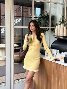 Women's Autumn/Winter Pale Yellow Ribbed Knit Fitted Mini Dress, Round Neck With Gold Buttons, White Ruffle Hem, Vacation Street Style Fall - Yellow - View 6