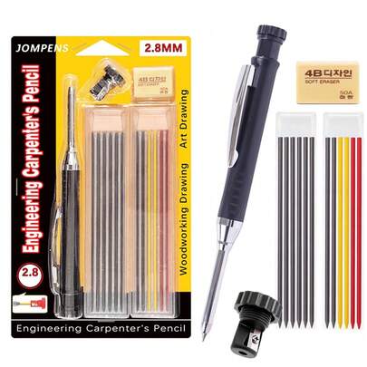 2pcs Automatic Carpenter Pencils With Sharpener - 2.8mm Lead, Metal Body, Includes Extra Black Replacement Leads, Suitable For Design And Crafting
