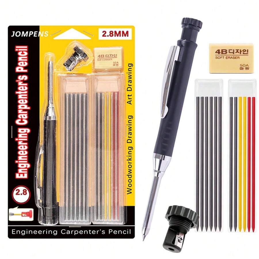 2pcs Automatic Carpenter Pencils With Sharpener - 2.8mm Lead, Metal Body, Includes Extra Black Replacement Leads, Suitable For Design And Crafting - Sets - View 1