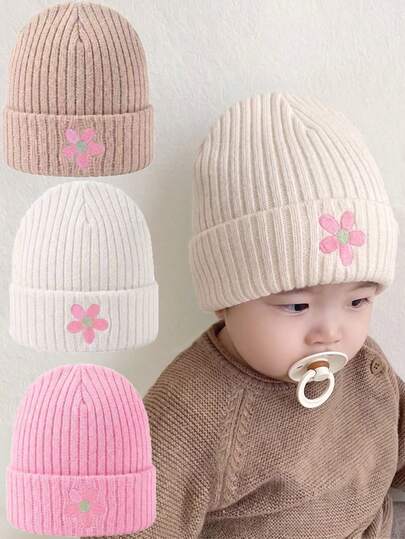 3/1 Piece Set Baby Girl Floral Embroidered Knit Hat, Fashionable Toddler Girl Winter Knitted Hat, Autumn/Winter Warm Baby Girl Hat, 0-36 Months Newborn Baby Snow Hat, Comfortable, Breathable, Skin-Friendly, Soft Baby Knit Warm Hat, Beige, White, Lotus Pink Color Combination, Baby Supplies, Newborn Hat, Baby Girl Hat,