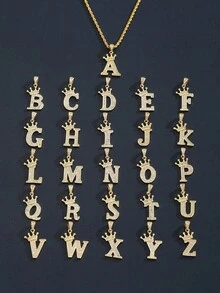 1pc Gold Crown Initial Pendant Necklace, Shiny Rhinestone Rope Chain, Hip Hop Style Jewelry, Street Party Daily Wear Gift For Boys And Girls - Gold - View 4