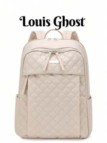 Women's Nylon Solid Color Quilted Large Capacity Versatile Backpack, Minimalist Casual Student Bag, Commuter Bag - Beige - View 2