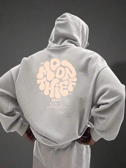 Men's Moon & Galaxy Bubble Font Print Hoodie, Casual Loose Fit Pullover Sweatshirt