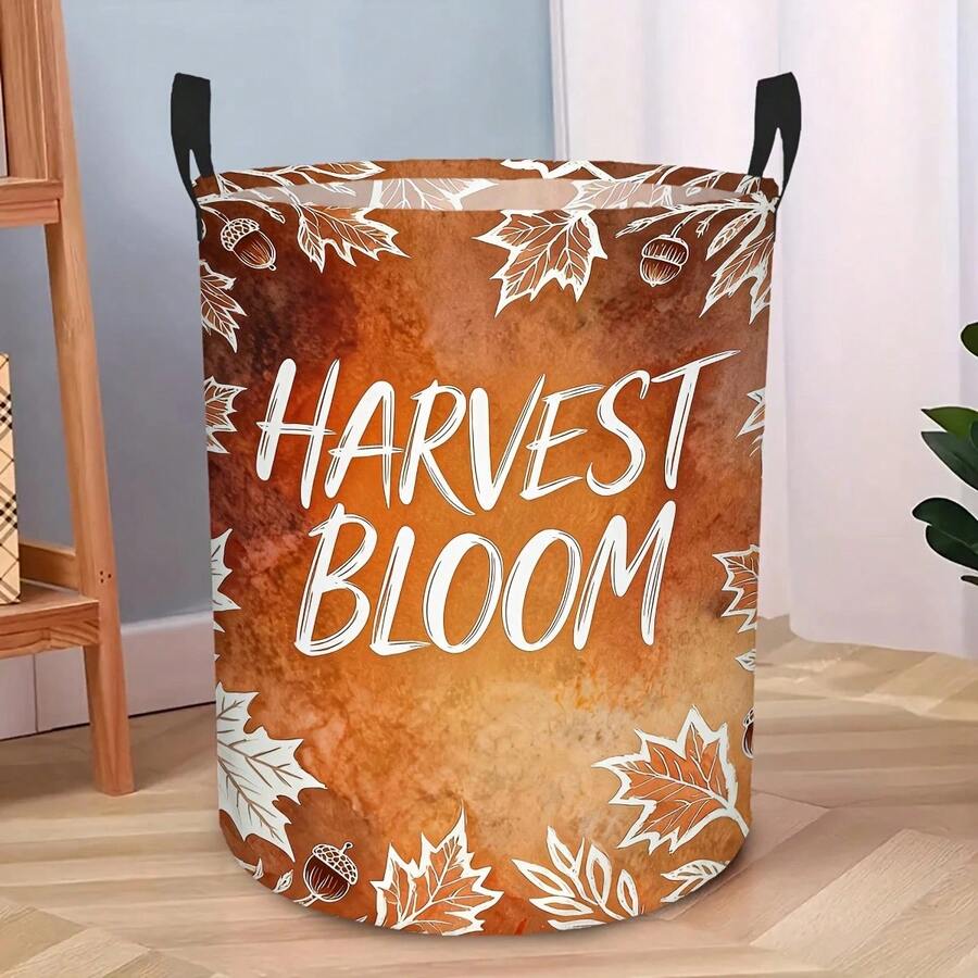 1PC Harvest Autumn Maple Leaf Acorn Print Round Laundry Basket Large Capacity Storage Hamper With Handles Bedroom Dorm Home Organization Decorative Foldable Container Fall Season Decor - Burnt Orange - View 1
