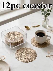 12pcs Gold Hollow PVC Drink Coasters, Washable Table Accessories, Non-Slip Tableware Mats, Breathable And Heat Dissipating, Lightweight And Easy To Store, Suitable For Restaurants, Cafes, Homestays, Perfect For Afternoon Tea, Holidays, Parties, Gatherings, Birthdays, Weddings, Dinner Parties - Multicolor - View 11