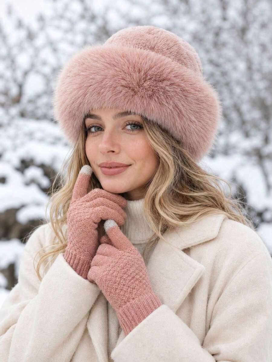 Women's 2-Piece Soft Faux Fur Knit Hat + Touchscreen Gloves Set, Skin-Friendly And Warm; Hat Features Wide Faux Fur Brim, Gloves Are Diamond-Patterned Knit With Touchscreen Fingertips And Ribbed Cuffs; Suitable For Outdoor Skiing, Travel And Daily Wear, Exquisite And Cute Autumn/Winter Accessory Set - Multicolor - View 1