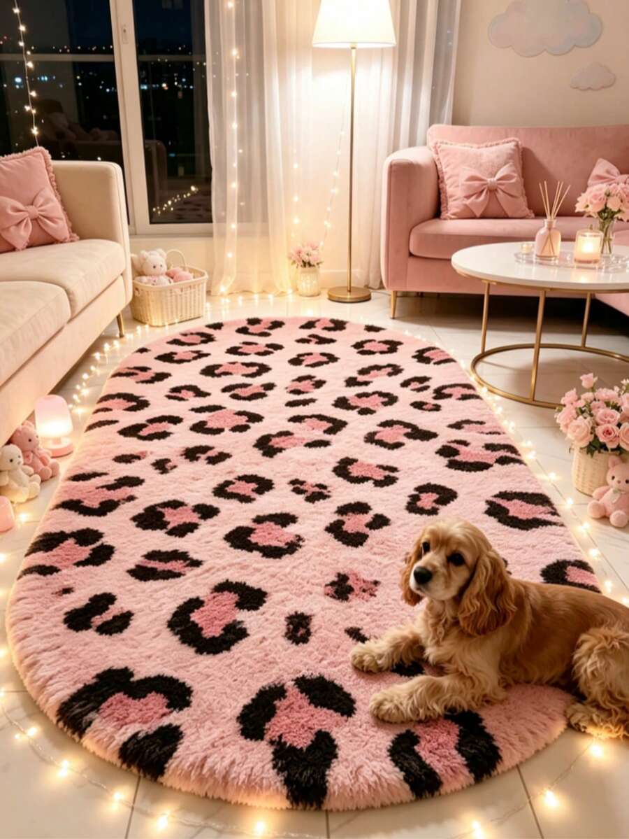 1pc Pink Leopard Print Decorative Rug, Love & Healing Bedroom Decor, Small Rug, Carpet, Home Decor, Living Room Rug, Living Room Small Rug, Bedroom Rug, Living Room Home Decor, Outdoor Rug, Washable Rug - Multicolor 3 - View 1