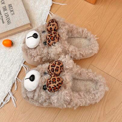 Women's Autumn/Winter 3D Bear Leopard Print Bow Plush Slippers, Cute Thermal Lined Warm Fuzzy House Slippers