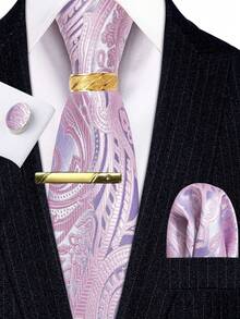 5Pcs Men Pink Paisley Jacquard Tie Pocket Square Cufflinks Ring Tie Clip Set, Random Cufflink Pattern, Suit Accessories For Wedding - Pink - View 1