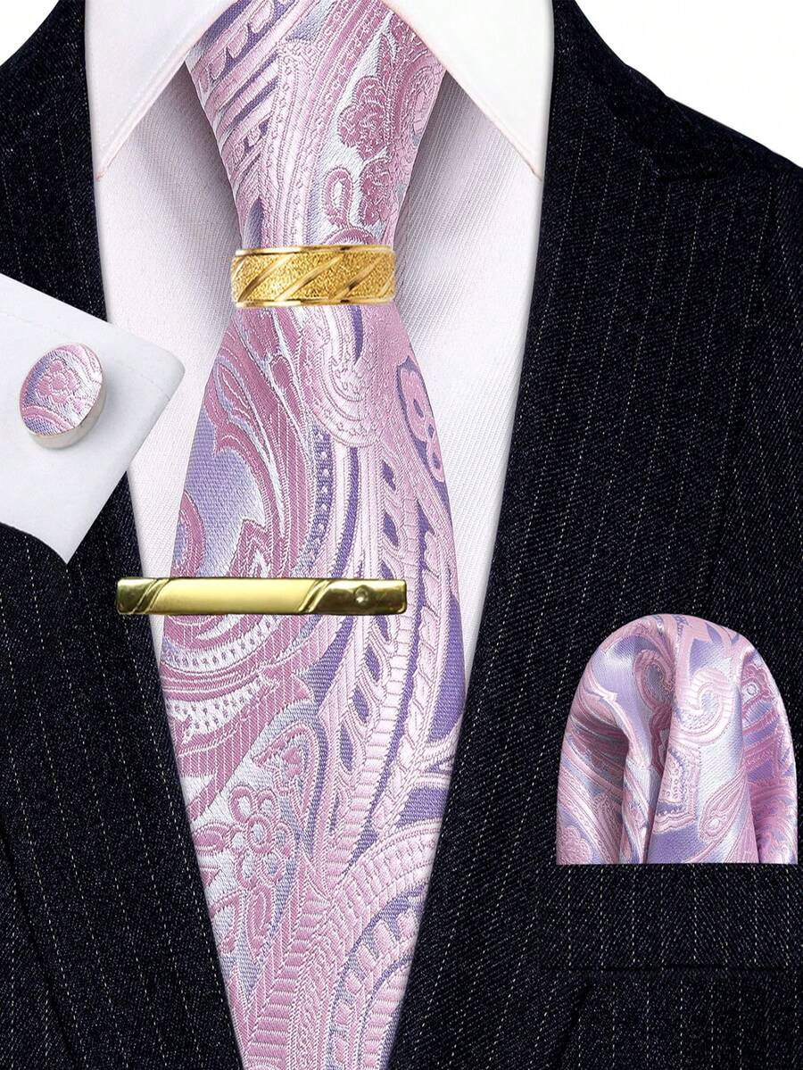 5Pcs Men Pink Paisley Jacquard Tie Pocket Square Cufflinks Ring Tie Clip Set, Random Cufflink Pattern, Suit Accessories For Wedding - Pink - View 1
