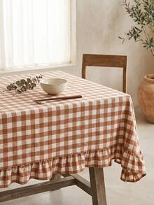 1pc Brown And White Large Plaid Ruffle Edge Tablecloth, Rustic Country Style Rectangular Same-Color Ruffle Edge Pleated Detail Decorative Functional Dining Tablecloth Suitable For Family Gatherings And Rustic Home Decor Scenes - Khaki - View 9