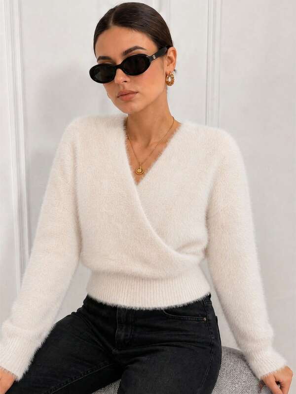 Cross V-Neck Fuzzy Ribbed Waist Cropped Knit Sweater Fall