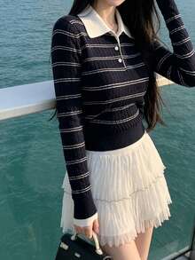 Vintage Striped Knit Sweater Women Long Sleeve Niche Textured Versatile Commute Casual Top Random Cut - Navy Blue - View 6