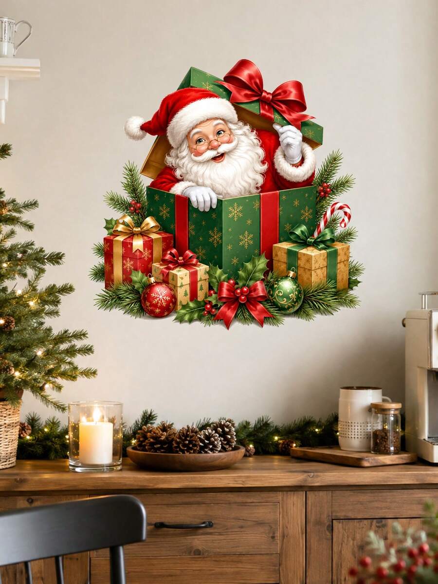 1pc Christmas Gift Box Wall Sticker, Santa Claus & Reindeer Surprise Gift Box Decoration Decal With Christmas Ornaments Holly Leaves Candy Cane And Holiday Present Design Self-Adhesive PVC Removable Waterproof Wall Sticker For Christmas Home Decor - Christmas Fun Wall Stickers - View 1