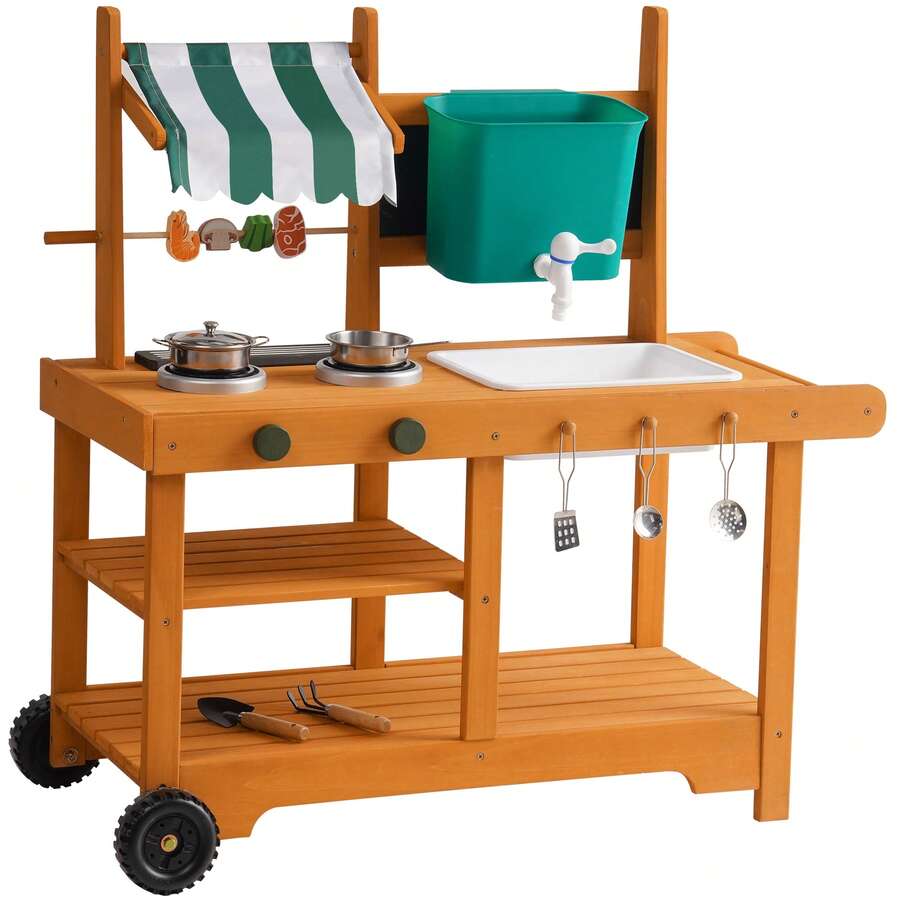 ROBUD Mud Kitchen With Rolling Wheels And Fabric Awning For Kids 3+ - Burnt Orange - View 1