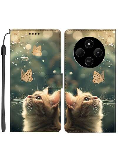 Wallet Card Holder Artificial PU Leather Case, Card Slot Phone Shell, Butterfly Cat Pattern With Lanyard Gift