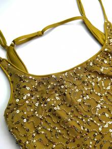 UNITHORSE [Cắt ngẫu nhiên] Đầm dạ hội dây mảnh hở lưng, xẻ tà, đính sequin - Màu Mù tạt vàng - Xem 6
