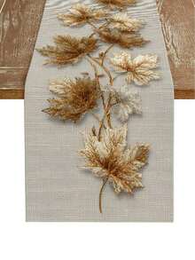 1pc 2D Flat Print Maple Leaf Branch Solid Color Table Runner, Autumn Theme Plant Table Runner, Suitable For All Seasons, Natural Minimalist Style, Non-Embroidered, 2D Printed Polyester Tablecloth - Gold - View 5