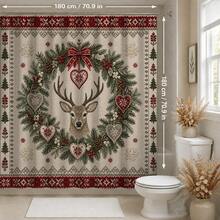 1pc/4pcs Christmas Reindeer Wreath Multi-Functional Bathroom Decor Shower Curtain Set, Free 12 Hooks, Premium Holiday Atmosphere, Bathroom Mat U-Shaped Floor Mat And Round Toilet Lid Cover, Suitable For All Christmas Scenes Decoration - Reindeer Wreath - View 10