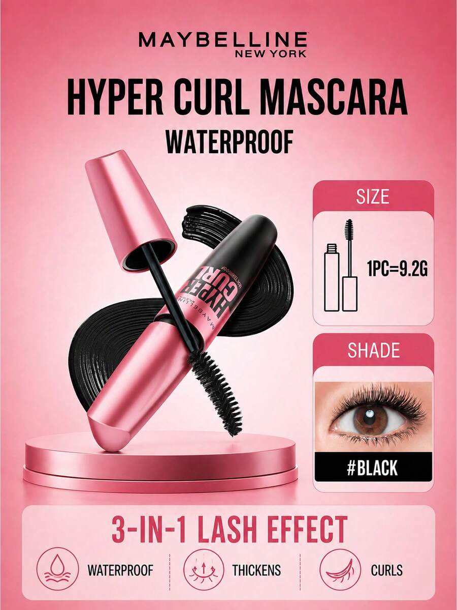 Maybelline Maskara Tahan Air Meibole #Hitam 9.2ml, Aplikasi Satu Sapuan untuk Bulu Mata Bervolume dan Lentik, Anti Luntur, Perlindungan 4-in-1 (Tahan Air/Tahan Keringat/Tahan Air Mata), Cocok untuk Pemula