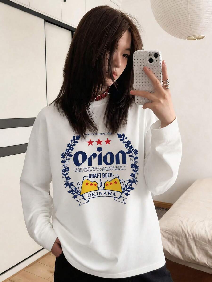 Y2K 美式復古新款女款圓領 Orion Beer 印花休閒百搭可愛女孩寬鬆長袖 T-shirt 上衣 白色 - 白色 - 查看 1