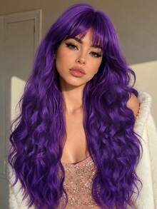 26 Inch Dark Purple Long Wavy Wig With Bangs For Women Heat Resistant Synthetic Fiber, Trimmable Bangs, Natural Wavy Wig Lightweight For Daily Wear, Cosplay, Parties, Festivals, And Halloween - Multicolor - View 6