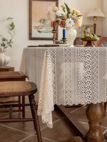 1pc Lace Tablecloth, Scalloped Hem Decor, Polyester Fabric, Jacquard Floral Pattern, Rectangular Square Round Tablecloth, Suitable For Patio Garden Tea Table Dining Room Living Room Tabletop Decoration - Apricot - View 7