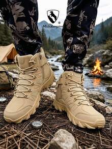 Men's Breathable Durable Side Zipper Lace-Up Round Toe High-Top Thick Sole Tactical Boots, Outdoor Hiking Desert Climbing Tactical Outdoor Spring Summer Suitable For Outdoor Hiking. - Sand Color - View 5