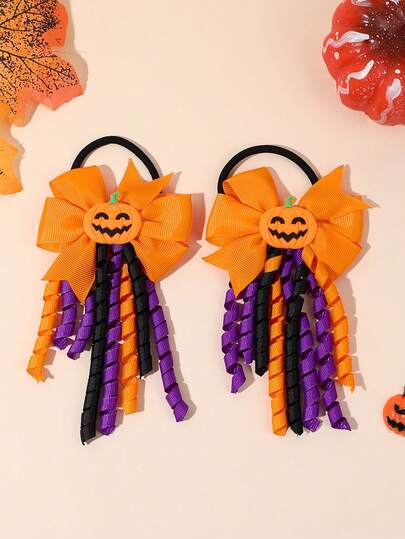 2pcs Orange Purple Halloween Bow Hair Ties,Pumpkin Ghost Curly Tassel Hair Bands,Elegant Ribbon Hair Scrunchies,Cute Hair Accessories For Girls Gifts