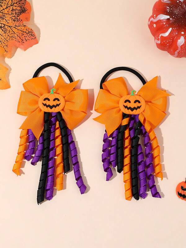 2pcs Orange Purple Halloween Bow Hair Ties,Pumpkin Ghost Curly Tassel Hair Bands,Elegant Ribbon Hair Scrunchies,Cute Hair Accessories For Girls Gifts