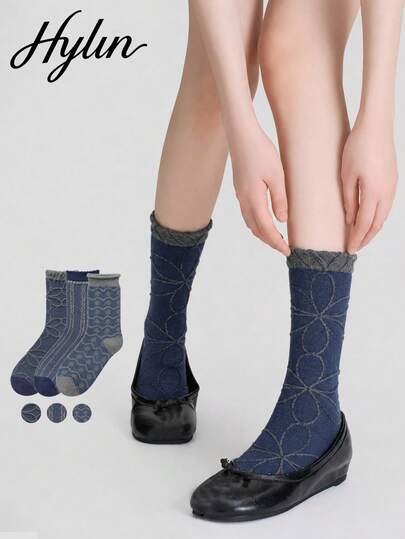3 Pairs Random Women's Vintage Mid-Calf Socks, Embossed 3D Floral Print Design, Fashionable Versatile Preppy Style Socks, Suitable For Autumn And Winter Wear