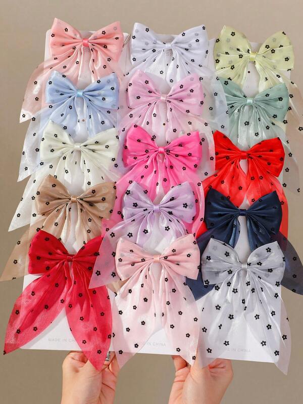 15/1pc Girls Baby Kids Solid Color Mesh Chiffon Floral Flocked Ditsy Print Large Bow Hair Clip Elegant Minimalist Sweet Cute Hair Accessory Top Clip Back Of Head Side Clip Hairpin Duckbill Clip Back To School Daily Use