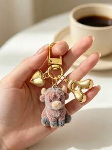 Bag Charm Flocked Calf Keychain, Bag Pendant, Backpack Charm, Decorative Accessory With Heart & Letter Metal Accent, Suitable For Girls, Students, Commuters, Birthday & Holiday Gift, Decorates Keys, Handbags, Backpacks, Daily Outfit Accent, Cute 3D Flocked Personalized Portable Accessory Gift - Multicolor - View 9