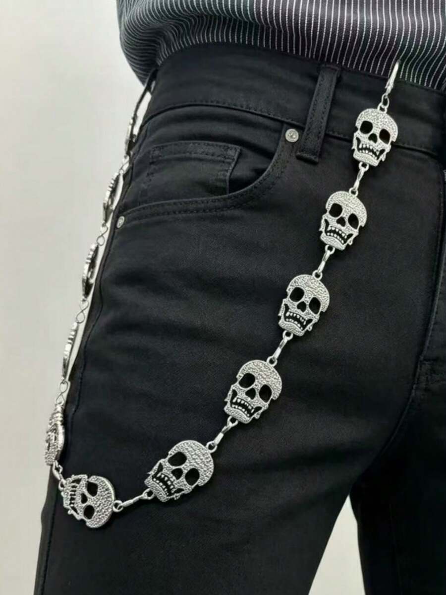 1PC Punk Rock Halloween Skull Pants Hip Hop Metal Waist Chain, Cool Goth Accessory For Club Festival Daily Outfit - Silver - View 1