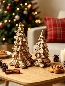 1 Set Vintage Metallic Gold Resin Christmas Tree Ornament, Desktop Christmas Decoration, Can Be Placed On Fireplace Mantel, Bookshelf, Coffee Table To Create Holiday Home Decor Atmosphere - 2pcs - View 4