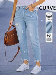Jeans Wanita Ukuran Besar dengan Potongan Longgar, Tidak Melar, Pinggang Sedang, Gaya Eropa dan Amerika yang Populer, Modis di Jalanan, Gaya Kasual Musim Gugur. - Light Wash - View 1