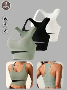 3 Peças Roupa Íntima Feminina Plus Size, Sutiã Esportivo Sem Arame e Sem Costas, Sutiã de Yoga Elástico e Respirável, Adequado para Esportes e Fitness - Multicolorido - Visão 8