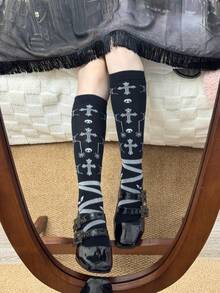 1 Pair Women's Unique Easter Halloween Party Versatile Niche Cross Jacquard Knee-High Socks - Black - View 5