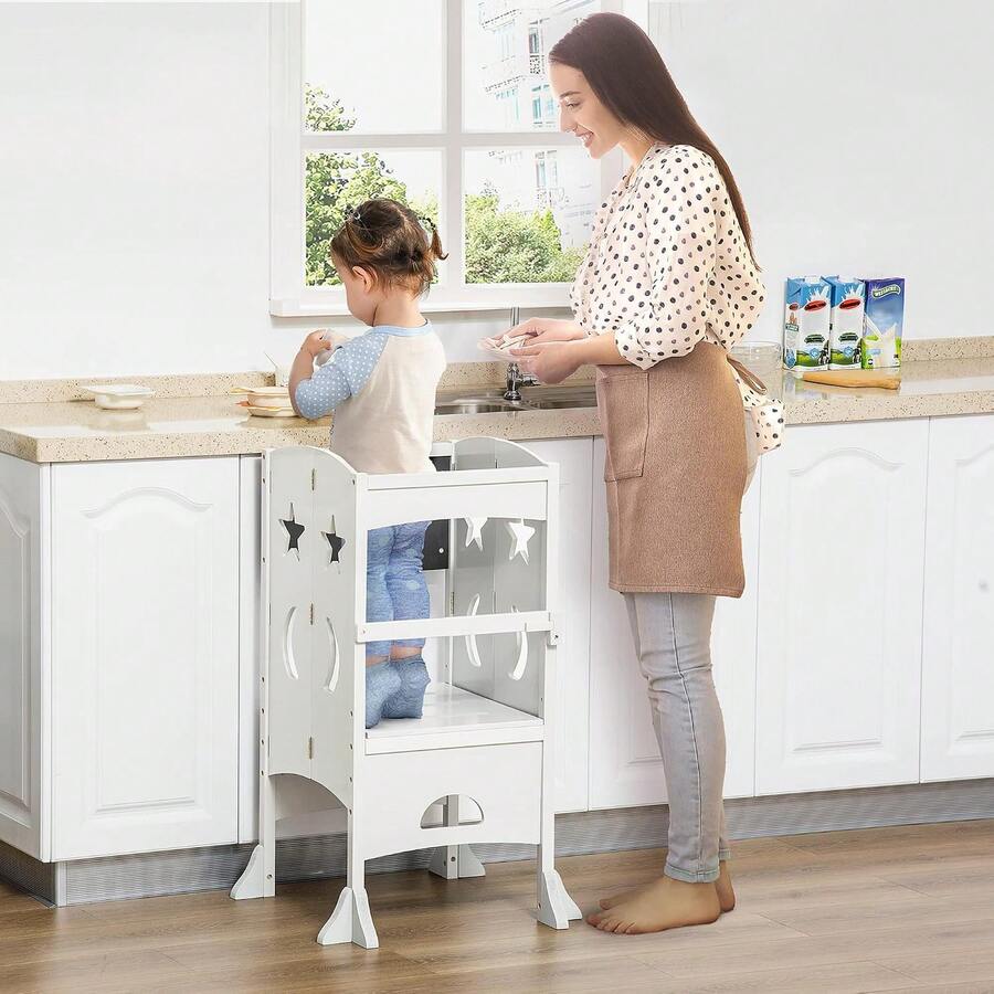 **Taburete Plegable para Niños de Cocina con Pizarrón y Pasamanos 56.5 x 56.5 x 94 cm | Torre de Aprendizaje Montessori con Barandilla y Diseño de Estrellas | Color Blanco para Niños de 3 a 6 Años | Fácil de Armar y Guardar** - Blanco - Ver 1